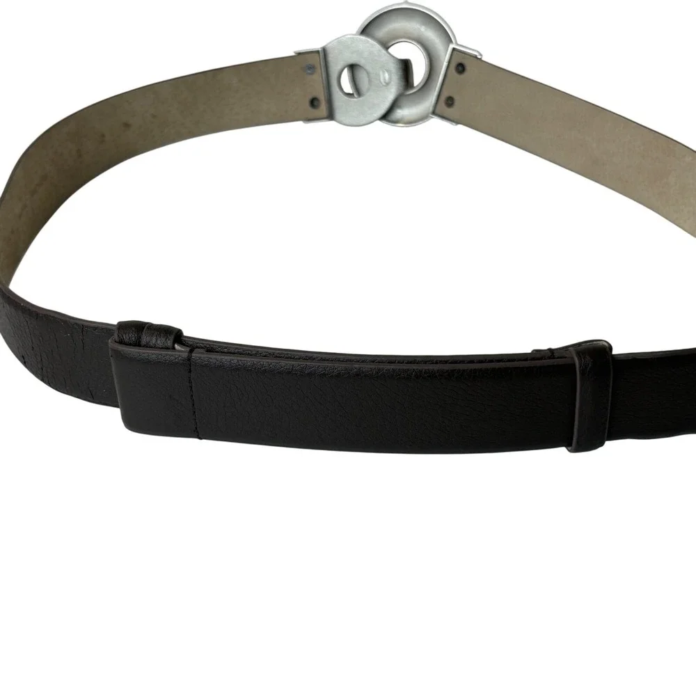 Chicos Vintage‎ Leather Belt Chunky SilverTone Metal Buckle Adjustable Up to 48